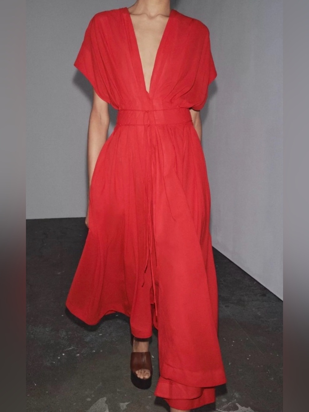 Zara Cotton Pleated Midi Dress Semi Sheer Red Light Breezy NWT XS